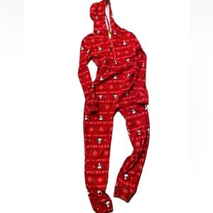 PEANUTS SNOOPY ONE PIECE FLEECE Footless PAJAMAS Adult Medium Hooded Zip up Soft